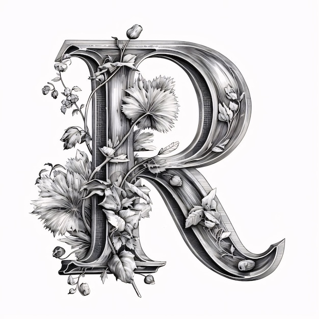 Vintage capital letter R with floral ornament isolated on white background