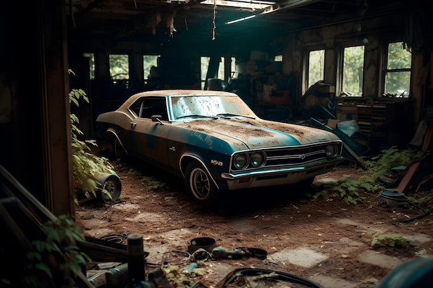 A vintage car in an abandoned garage