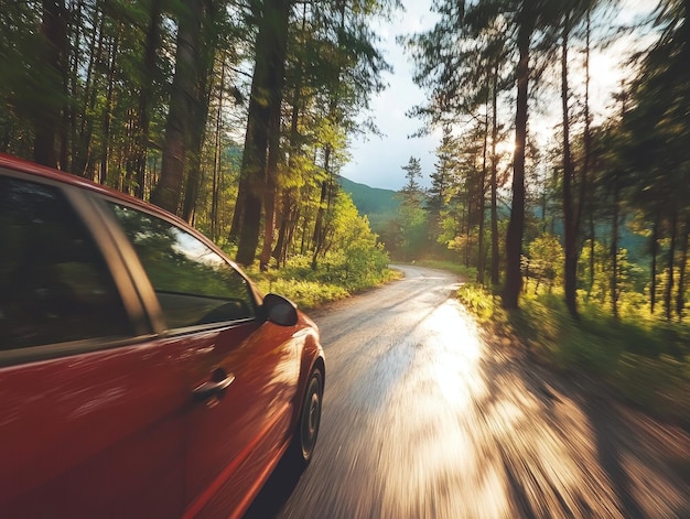 Photo vintage car adventure nostalgic road trip through enchanting pine forest