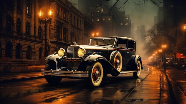 Vintage car in the city in evening