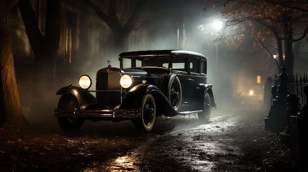 a vintage car covered by a dense fog hard to see