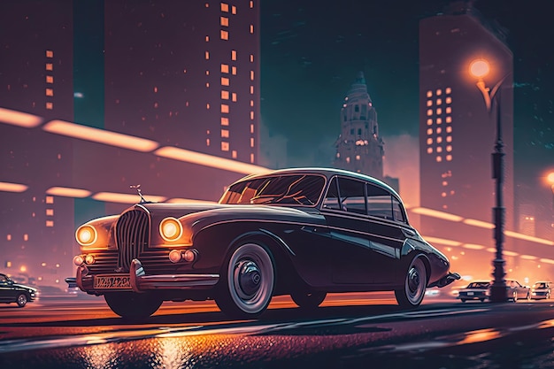 Vintage car cruising past modern skyscrapers with city lights shining in the background