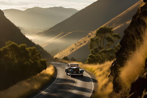 A vintage car drives down a mountain road.