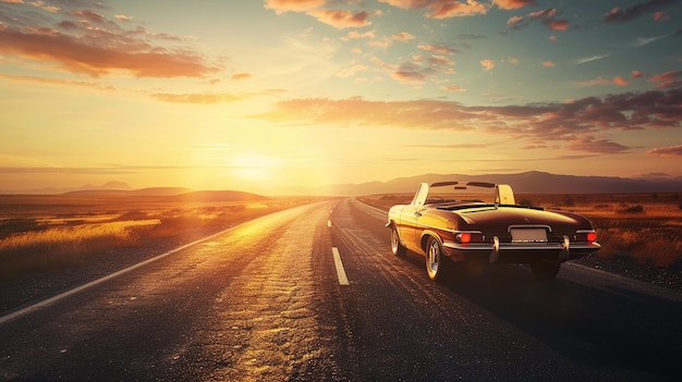 Photo vintage car driving desert highway sunset scene