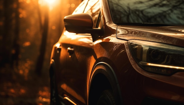 Vintage car driving through city streets at dusk headlights illuminated generated by artificial intelligence