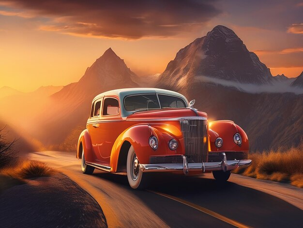 Vintage car driving through the mountains at sunset an American adventure