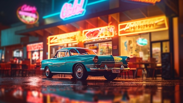 A vintage car in front of a neon sign that says'car '