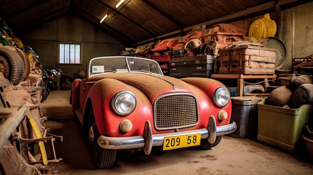 A vintage car in a garage with a license plate that says'2036 '