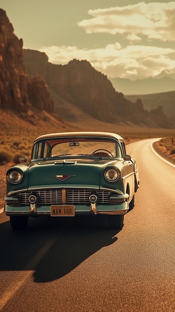 A vintage car is driving down a country road.