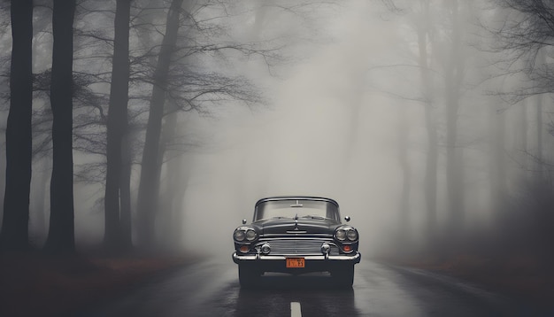 a vintage car is driving down a road in the fog