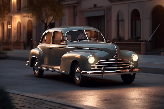 A vintage car is driving down a street at night.