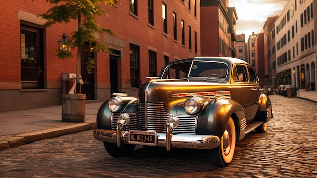 A vintage car is parked on a cobblestone street in front of a brick building.