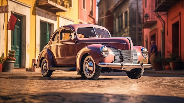 A vintage car is parked on a cobblestone street in havana.