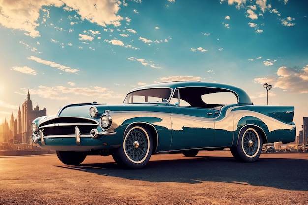 A vintage car is parked in a desert with the word ford on the front.