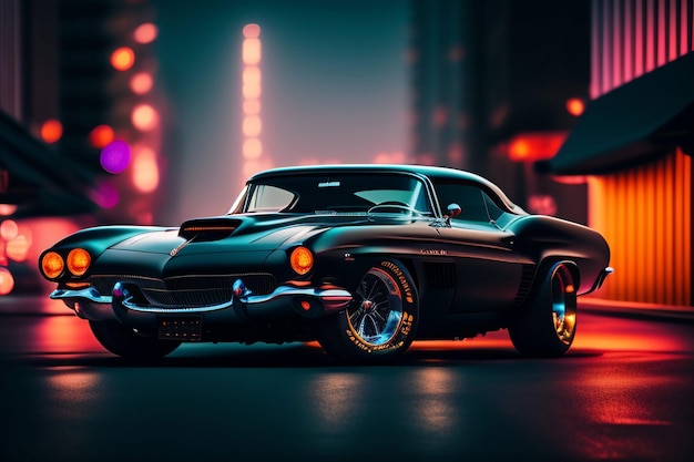 A vintage car is parked in front of a city street at night.