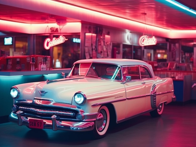 A vintage car is parked in front of a diner.