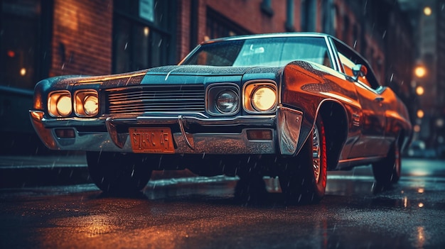 A vintage car is parked on a rainy street in the rain.