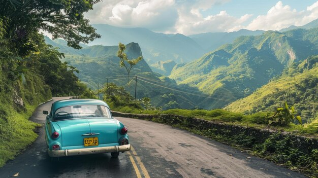 Vintage Car Journey through Mountainous Landscape A vintage car drives along a winding mountain ro