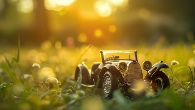 Vintage Car Miniature Sharp Focus with Bokeh Background Warm Golden Hour Lighting