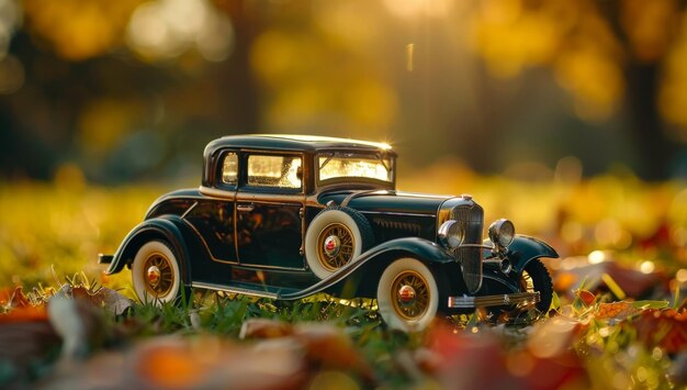 Vintage Car Miniature Sharp Focus with Bokeh Background Warm Golden Hour Lighting