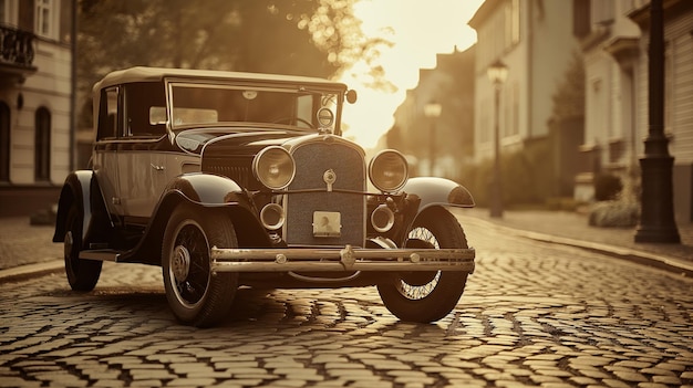 Vintage car parade cobblestone street dawn light sepia tone nostalgic Generative AI