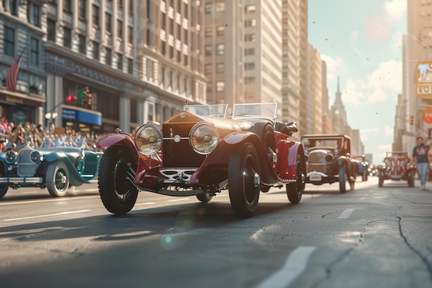 Vintage car parade winding through city streets li