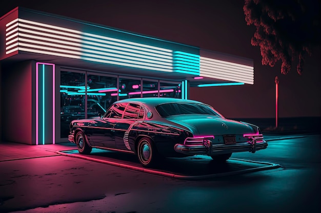 Vintage car parked neon lights on the scene