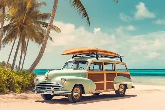 Vintage car parked on the tropical beach with a surfboard on the roof Generative AI