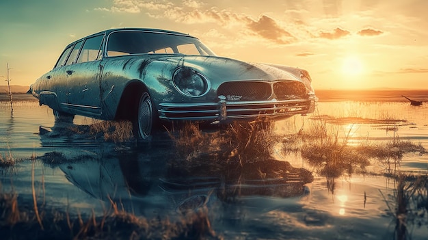 A vintage car in a puddle with the sun setting behind it