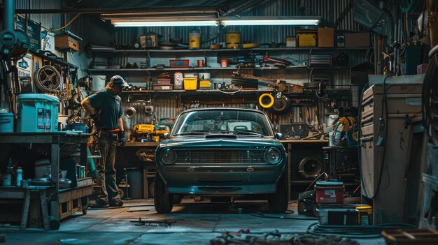 Photo vintage car repairman working in a cluttered garage at night with overhead lights aig58