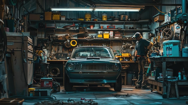 Photo vintage car repairman working in a cluttered garage at night with overhead lights aig58