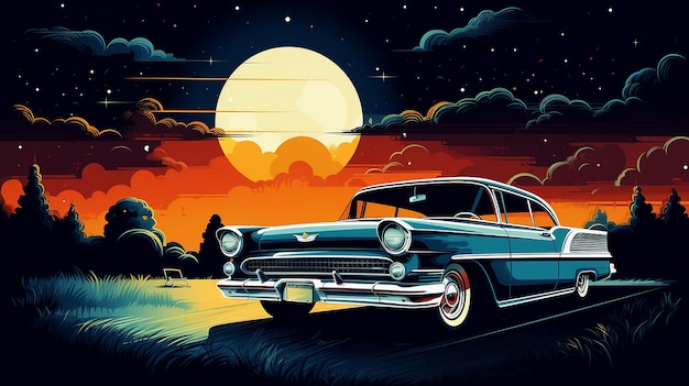 Vintage Car Under Retro Style Illustration