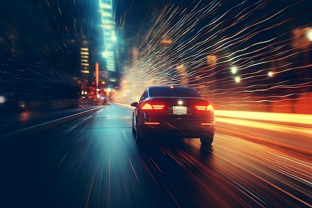 Vintage car on the road at night