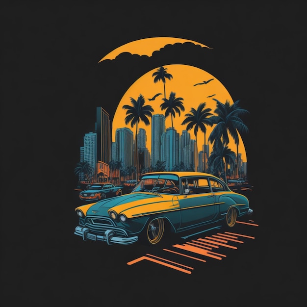 A vintage car on the road with palm trees and miami city in the background