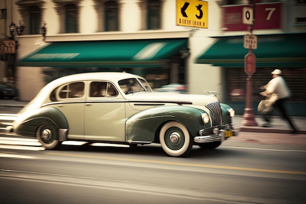 Vintage car speeding through busy intersection at rush hour created with generative ai