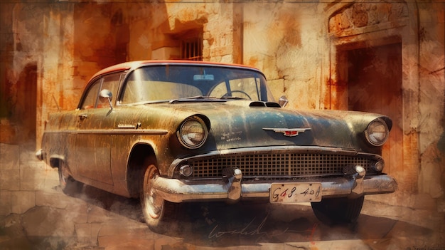 A vintage car that is from cuba that is painted in a painting style.