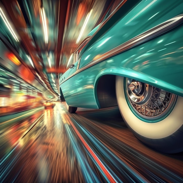 Photo vintage car wheel spinning in city night blurry lights and color streaks capturing motion