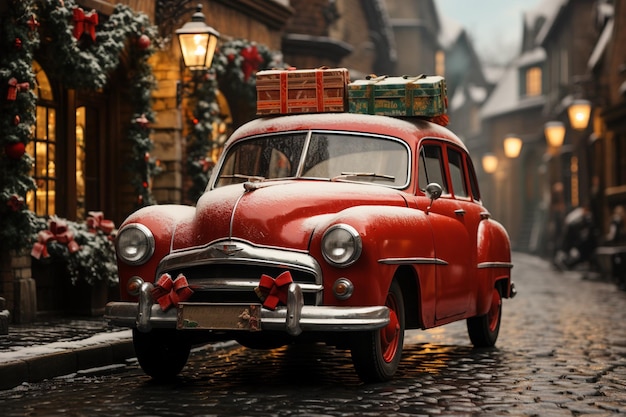 vintage car with christmas gifts on the roof