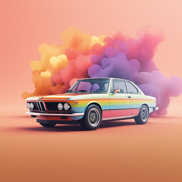 A vintage car with colorful background