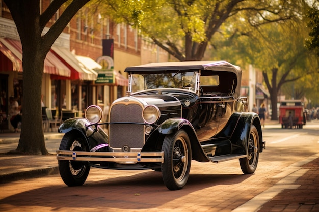 Vintage car with a rumble seat in a historic town stylish vehicle performance car image or picture