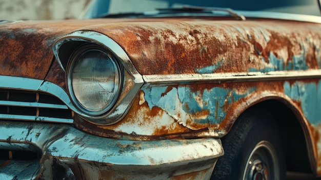 Photo a vintage car with rust and peeling paint parked in an old garage during golden hour