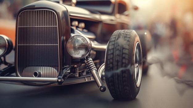 a vintage car with a tire on the front and the wheel on the right