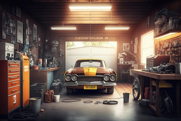 Vintage car in the workshop Generative AI