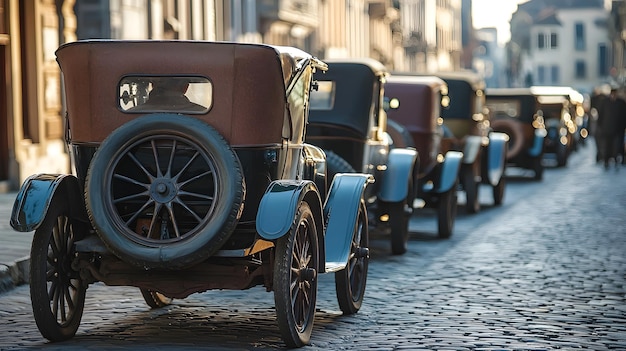 Photo vintage cars stuck in historic european city traffic jam on cobblestone street