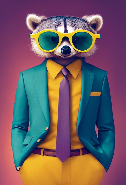 Vintage Cartoon character Hipster Raccoon in blue business suit tie big glasses Generated image AI