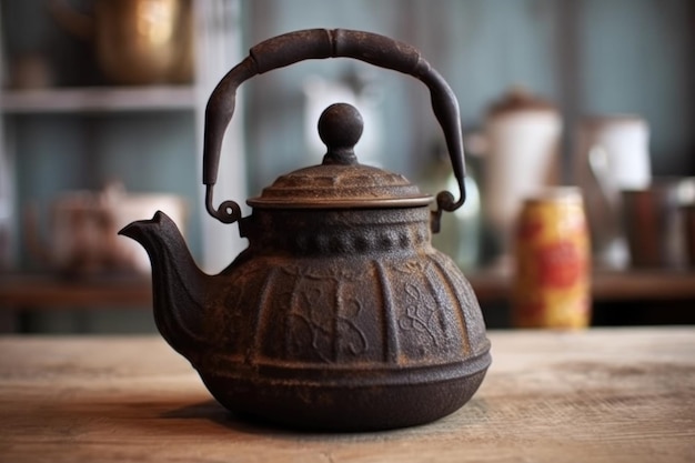 Vintage cast iron teapot with steam cozy setting created with generative ai