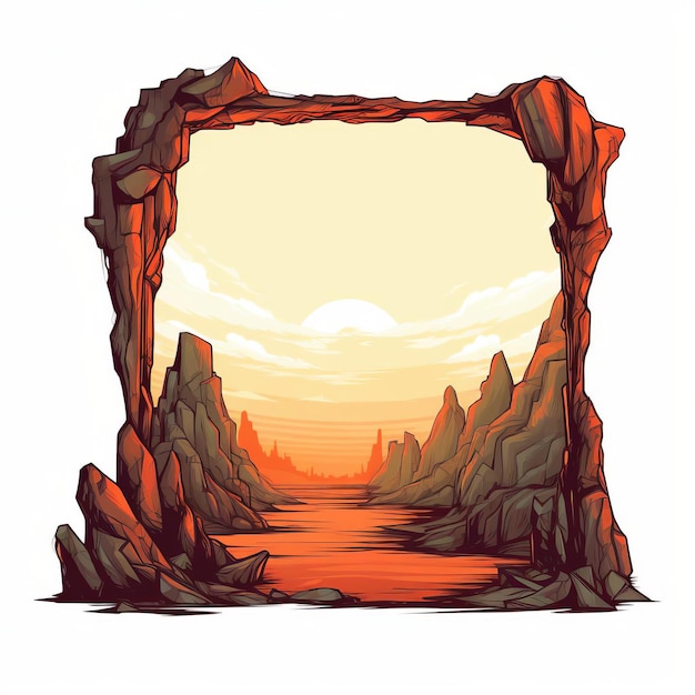 Vintage Cave Sunset Picture Frame Vector Graphics