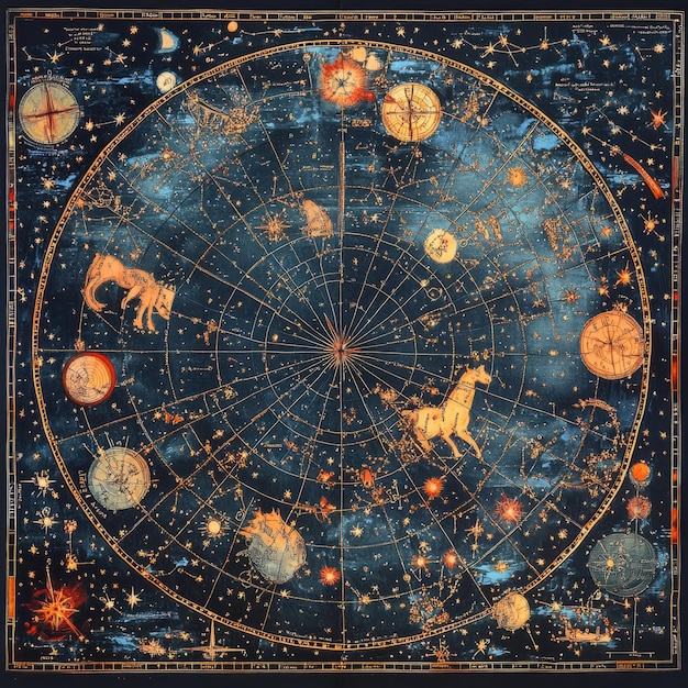 Photo vintage celestial map with constellations and stars on a dark blue background