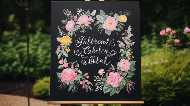 Photo a vintage chalkboard wedding welcome sign with whimsical fonts and colorful flowers greeting guests at a charming garden wedding