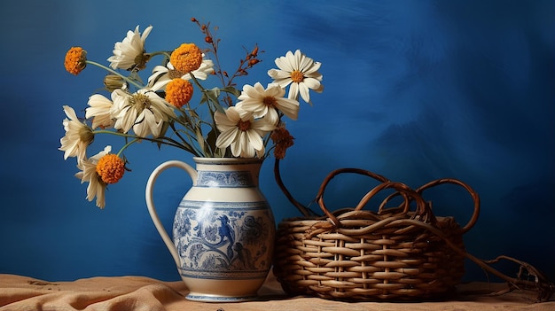 Vintage Charm Jug amp Florals on Blue Rattan Canvas